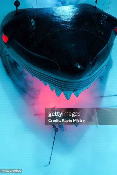 An overhead view as William Eklund of the San Jose Sharks takes the ice through the Shark Head before the game against the Minnesota Wild at SAP...