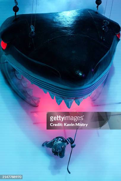 An overhead view as Ryan Carpenter of the San Jose Sharks takes the ice through the Shark Head before the game against the Minnesota Wild at SAP...