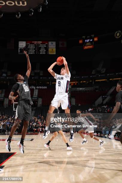 Cooper Flagg of Team USA shoots the ball during the game against Team World during the 2024 Nike Hoop Summit on April 13, 2024 at the Moda Center...