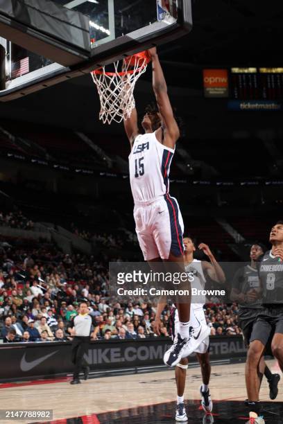 Jayden Quaintance of Team USA dunks the ball during the game against Team World during the 2024 Nike Hoop Summit on April 13, 2024 at the Moda Center...