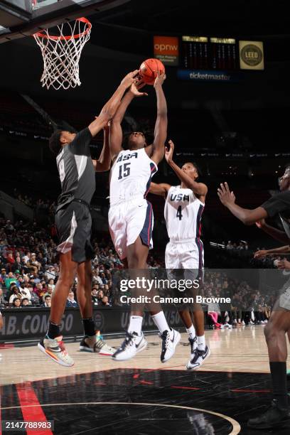 Jayden Quaintance of Team USA drives to the basket during the game against Team World during the 2024 Nike Hoop Summit on April 13, 2024 at the Moda...