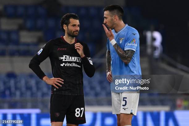 Antonio Candreva of U.S. Salernitana 1919 and Matias Vecino of S.S. Lazio are competing during the 32nd day of the Serie A Championship between S.S....