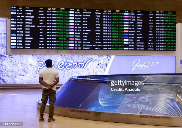 An info-board shows the status of flights as Israel closed its airspace to all domestic and international flights between 01.00-07.00 a.m. Were...