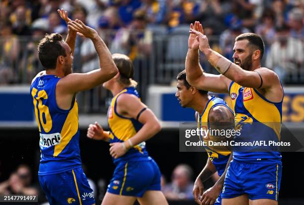 Jack Darling of the Eagles celebrates a goal during the 2024 AFL Round 05 match between the West Coast Eagles and the Richmond Tigers at Optus...