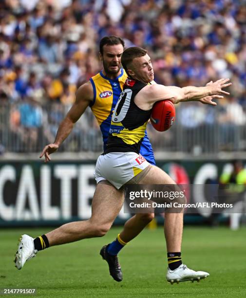 Tom Brown of the Tigers smothers the kick of Jack Petruccelle of the Eagles during the 2024 AFL Round 05 match between the West Coast Eagles and the...