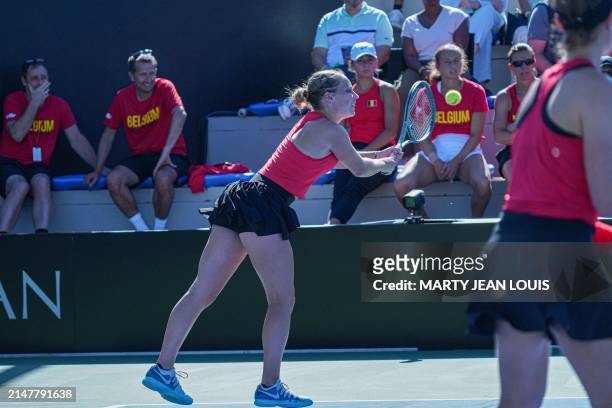 Belgian Kimberley Zimmermann pictured in action during the fourth match between, a doubles match between American pair Dolehind and Townsend and...
