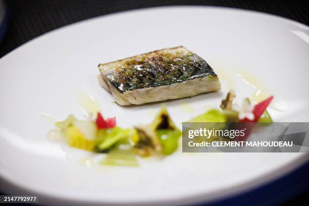 This photograph taken on April 13 shows the "Mackerel " dish of three Michelin-starred French chef for "La Table du Castellet" Fabien Ferre , at his...