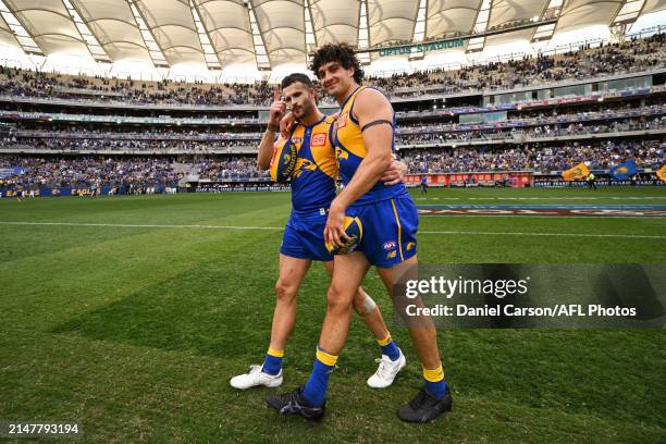 Josh Rotham and Tom Barrass of the Eagles celebrate the win during the 2024 AFL Round 05 match between the West Coast Eagles and the Richmond Tigers...