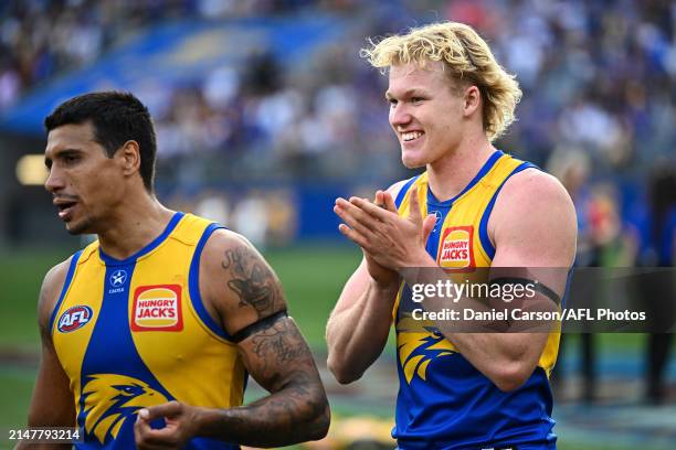 Reuben Ginbey of the Eagles is happy with the win during the 2024 AFL Round 05 match between the West Coast Eagles and the Richmond Tigers at Optus...