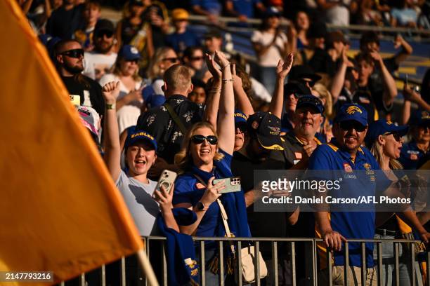 Eagles fans celebrate the win during the 2024 AFL Round 05 match between the West Coast Eagles and the Richmond Tigers at Optus Stadium on April 14,...