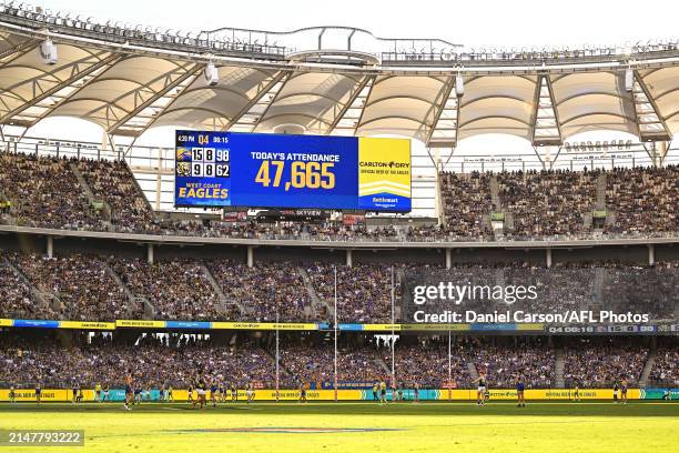 Official attendance is shown during the 2024 AFL Round 05 match between the West Coast Eagles and the Richmond Tigers at Optus Stadium on April 14,...