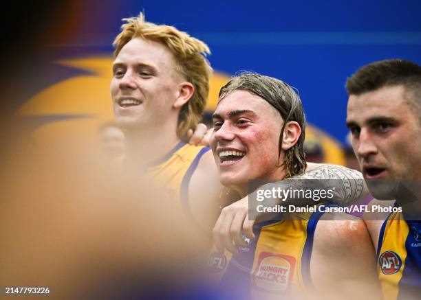 Harley Reid of the Eagles signs the team song during the 2024 AFL Round 05 match between the West Coast Eagles and the Richmond Tigers at Optus...