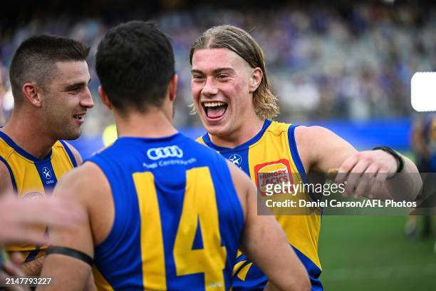 Harley Reid of the Eagles is happy with the win during the 2024 AFL Round 05 match between the West Coast Eagles and the Richmond Tigers at Optus...