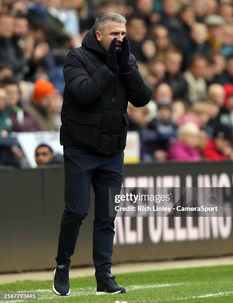 Preston North End manager Ryan Lowe shouts instructions to his team from the technical area during the Sky Bet Championship match between Preston...