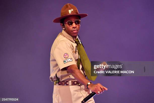 Rapper Tyler Gregory Okonma, aka 'Tyler, the Creator' performs on stage during the Coachella Valley Music and Arts Festival at the Empire Polo Club...