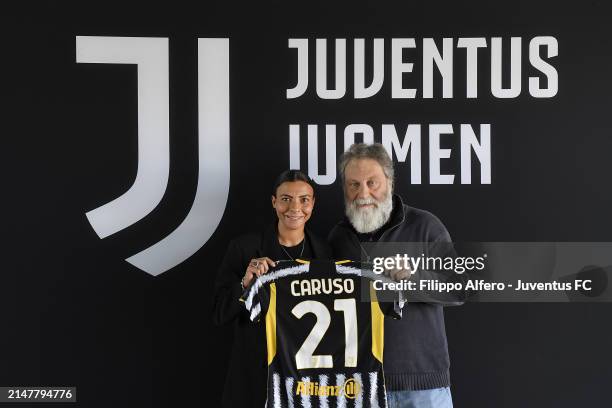 Arianna Caruso and Stefano Braghin pose at Juventus Center Vinovo on April 11, 2024 in Vinovo, Italy.