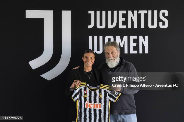 Arianna Caruso and Stefano Braghin pose at Juventus Center Vinovo on April 11, 2024 in Vinovo, Italy.