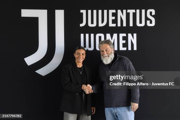 Arianna Caruso and Stefano Braghin pose at Juventus Center Vinovo on April 11, 2024 in Vinovo, Italy.