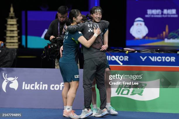 Baek Ha Na and Lee So Hee of Korea compete in the Women's Doubles Finals match against Zhang Shuxian and Zheng Yu of China during day six of the 2024...