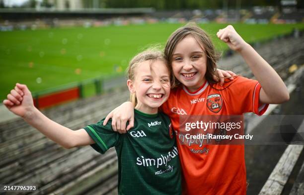 Fermanagh , United Kingdom - 14 April 2024; Armagh supporters Niamh McKenna, age 8, left, and Lily McDowell, age 9, from Lurgan, before the Ulster...