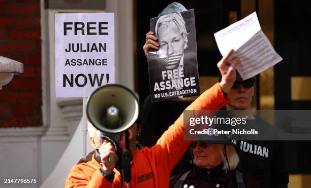 Julian Assange supporters protest in front of the Embassy of Ecuador, where Julian Assange lived for seven years, having sought asylum there, on...