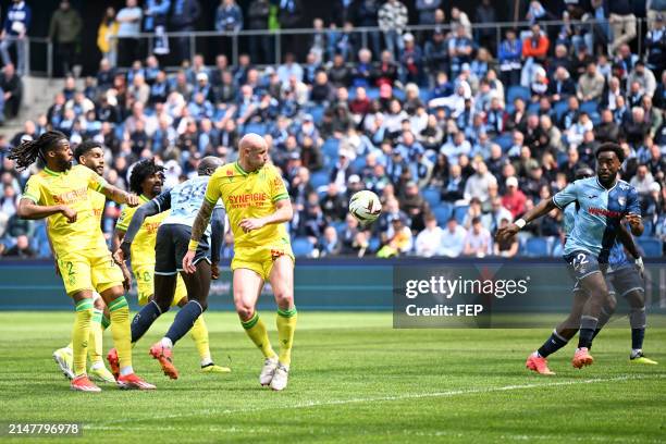 Yoann SALMIER - 02 Jean-Kevin DUVERNE - 04 Nicolas PALLOIS during the Ligue 1 Uber Eats match between Le Havre and Nantes at Stade Oceane on April...