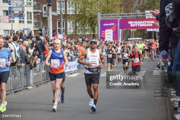 Marathon runners on the Erasmus Bridge seen from a high point during the 43rd edition of the NN Marathon Rotterdam on April 14 in Rotterdam,...