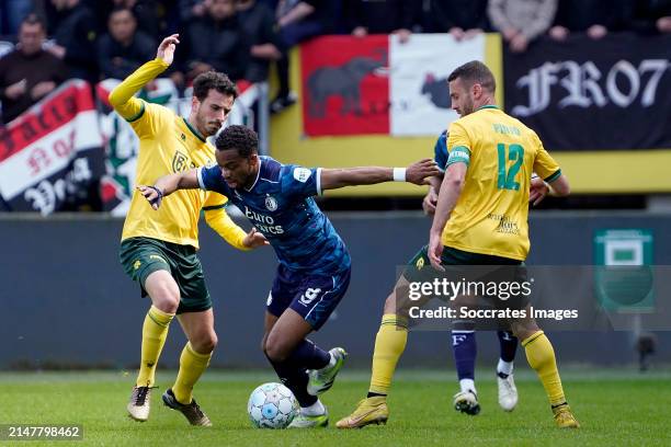 Oguzhan Ozyakup of Fortuna Sittard, Quinten Timber of Feyenoord, Ivo Pinto of Fortuna Sittard during the Dutch Eredivisie match between Fortuna...