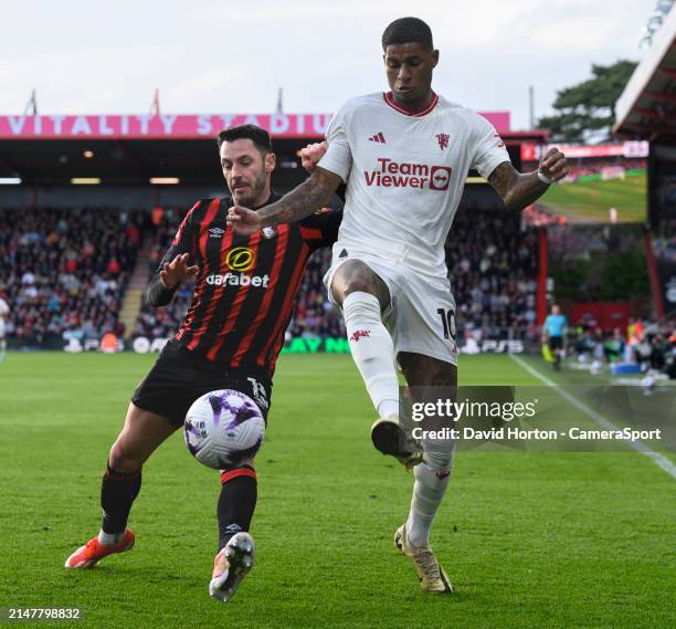 Bournemouth's Adam Smith battles with Manchester United's Marcus Rashford during the Premier League match between AFC Bournemouth and Manchester...