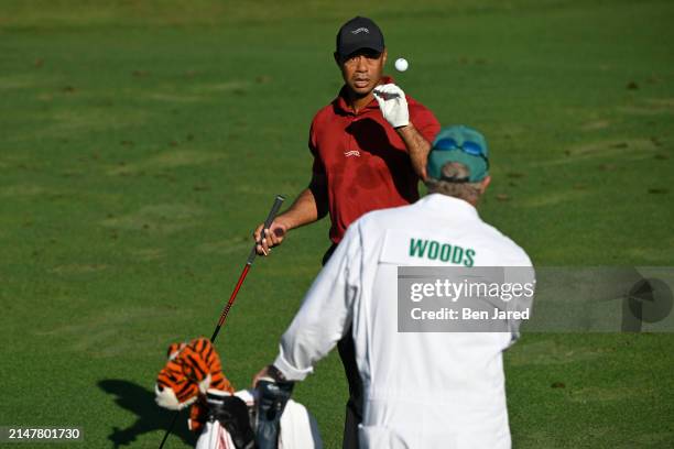 Tiger Woods on the range prior to his final round of Masters Tournament at Augusta National Golf Club on April 14, 2024 in Augusta, Georgia.