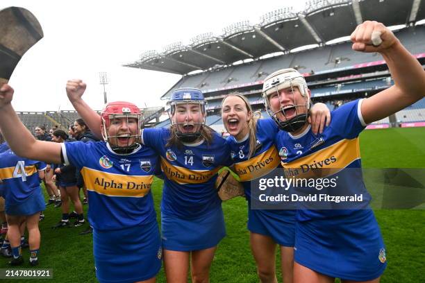 Dublin , Ireland - 14 April 2024; Tipperary players celebrate after the Very Camogie League Division 1A Final between Tipperary and Galway at Croke...