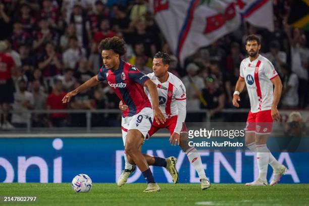Joshua Zirkzee is playing for Bologna FC 1909 against AC Monza in a Serie A match at Renato Dall'Ara Stadium in Bologna, Italy, on April 12, 2024.