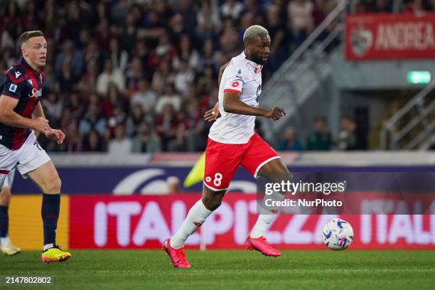 Jean-Daniel Akpa-Akpro is playing for Bologna FC 1909 against AC Monza in a Serie A match at Renato Dall'Ara Stadium in Bologna, Italy, on April 12,...