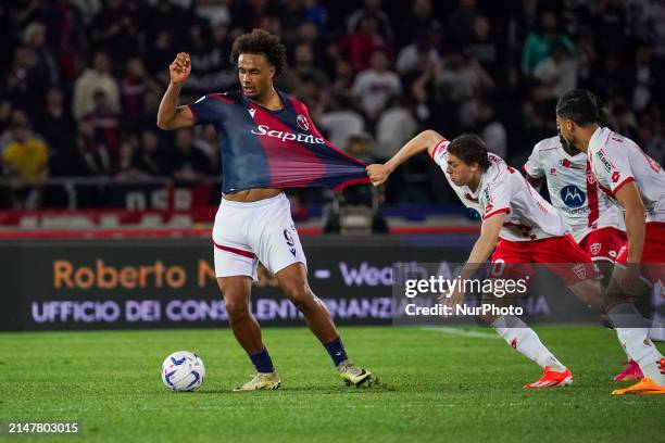 Joshua Zirkzee is playing for Bologna FC 1909 against AC Monza in a Serie A match at Renato Dall'Ara Stadium in Bologna, Italy, on April 12, 2024.