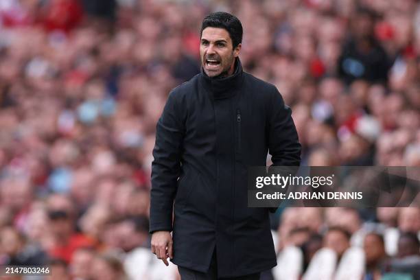 Arsenal's Spanish manager Mikel Arteta gestures on the touchline during the English Premier League football match between Arsenal and Aston VIlla at...