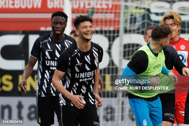 Charleroi's Vetle Dragsnes celebrates after scoring during a soccer match between KV Kortrijk and Sporting Charleroi, Sunday 14 April 2024 in Heule,...