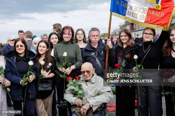French Holocaust survivor Raymond Renaud and others attend the commemoration ceremony to mark the 79th anniversary of the liberation of the...