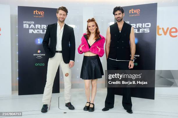 Peter Vives , Aria Bedmar and Rubén Cortada attend to photocall 'Operacion Barrio Inglés' photocall on April 09, 2024 in Madrid, Spain.