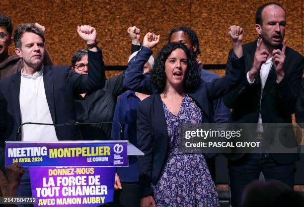 France's leftist-wing "La France Insoumise" party's leading European Parliament election candidate and MEP Manon Aubry , flanked by LFI party...