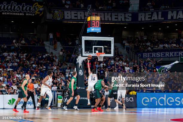 Gabriel Deck of Real Madrid scores a basket during ACB Liga Endesa Basketball match between Real Madrid and Joventut Badalona at WiZink Center on...