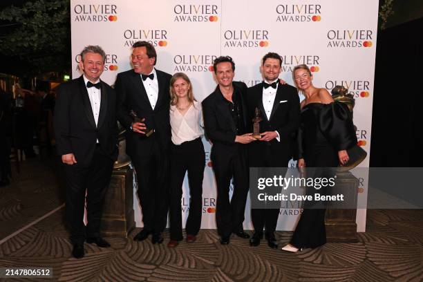 Presenters Michael Sheen and Anna Maxwell Martin pose with Simon Stephens, Rosanna Vize, Andrew Scott and Sam Yates, winners of the Best Revival...