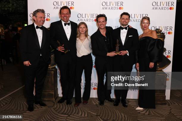 Presenters Michael Sheen and Anna Maxwell Martin pose with Simon Stephens, Rosanna Vize, Andrew Scott and Sam Yates, winners of the Best Revival...