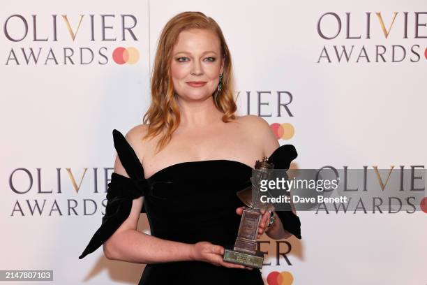 Sarah Snook, winner of the Best Actress award for "The Picture Of Dorian Gray", poses in the winners room at The Olivier Awards 2024 at Royal Albert...