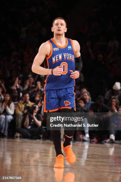 Donte Divincenzo of the New York Knicks looks on during the game against the Chicago Bulls on April 14, 2024 at Madison Square Garden in New York...