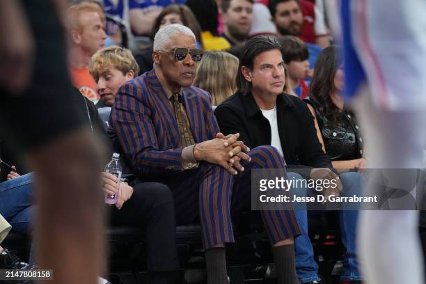 Julius Erving sits court side during the game between the Brooklyn Nets and the Philadelphia 76ers on April 14, 2024 at the Wells Fargo Center in...