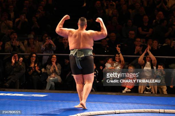 Sumo wrestler Kamal Basira gestures after a fight during a World Championship Sumo event at The Theater at Madison Square Garden in New York City on...