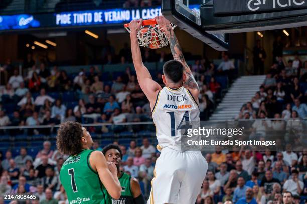 Gabriel Deck of Real Madrid dunks to the basket during ACB Liga Endesa Basketball match between Real Madrid and Joventut Badalona at WiZink Center on...