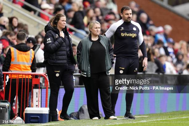 Chelsea manager Emma Hayes on the touchline during the Adobe Women's FA Cup semi-final match at Leigh Sports Village. Picture date: Sunday April 14,...