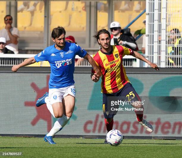 Antonino Gallo of US Lecce is playing during the Serie A TIM match between US Lecce and Empoli FC in Lecce, Italy, on April 13, 2024.