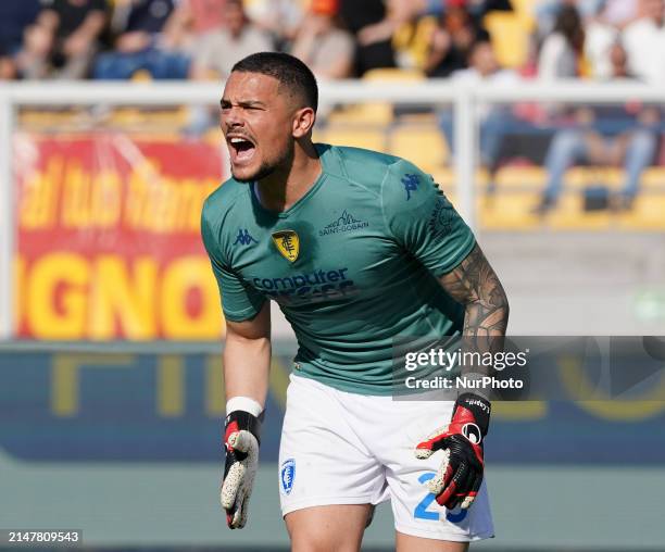 Elia Caprile of Empoli FC is playing during the Serie A TIM match between US Lecce and Empoli FC in Lecce, Italy, on April 13, 2024.